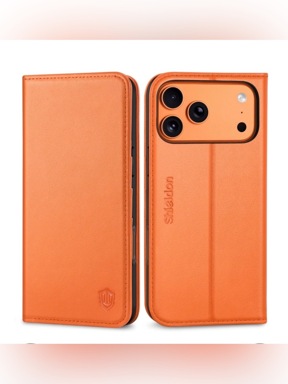 iPhone 17 Pro Max/iPhone 18 Pro Max Wallet Case Genuine Cowhide Leather - ORANGE